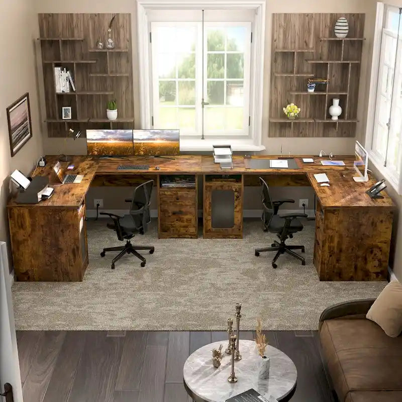 Modern Farmhouse L-Shape Desk with File Cabinet and Drawers, Homer Office Executive Desk with Charge Station