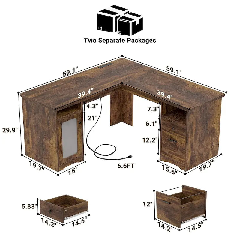 Modern Farmhouse L-Shape Desk with File Cabinet and Drawers, Homer Office Executive Desk with Charge Station