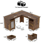 Modern Farmhouse L-Shape Desk with File Cabinet and Drawers, Homer Office Executive Desk with Charge Station