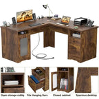 Modern Farmhouse L-Shape Desk with File Cabinet and Drawers, Homer Office Executive Desk with Charge Station