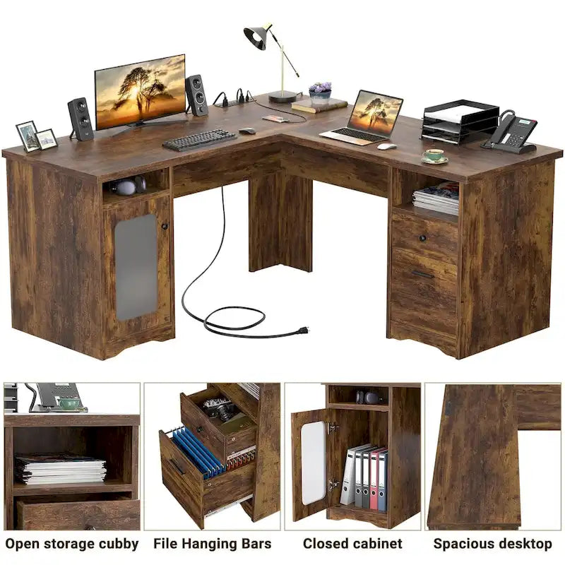 Modern Farmhouse L-Shape Desk with File Cabinet and Drawers, Homer Office Executive Desk with Charge Station