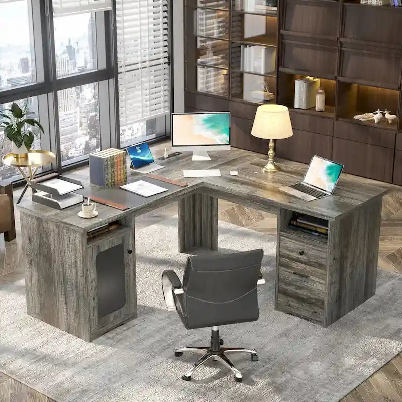 Modern Farmhouse L-Shape Desk with File Cabinet and Drawers, Homer Office Executive Desk with Charge Station