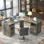Modern Farmhouse L-Shape Desk with File Cabinet and Drawers, Homer Office Executive Desk with Charge Station