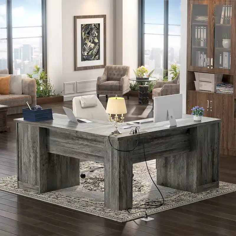 Modern Farmhouse L-Shape Desk with File Cabinet and Drawers, Homer Office Executive Desk with Charge Station