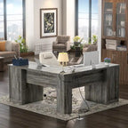 Modern Farmhouse L-Shape Desk with File Cabinet and Drawers, Homer Office Executive Desk with Charge Station