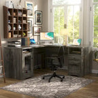 Modern Farmhouse L-Shape Desk with File Cabinet and Drawers, Homer Office Executive Desk with Charge Station
