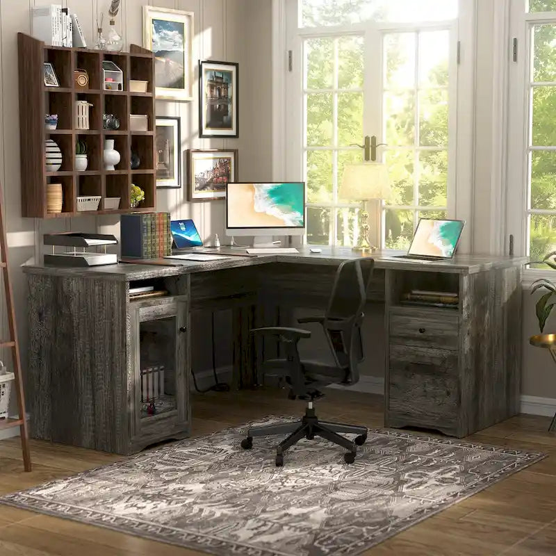 Modern Farmhouse L-Shape Desk with File Cabinet and Drawers, Homer Office Executive Desk with Charge Station
