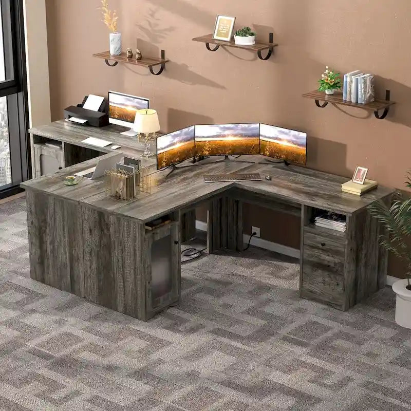 Modern Farmhouse L-Shape Desk with File Cabinet and Drawers, Homer Office Executive Desk with Charge Station