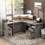 Modern Farmhouse L-Shape Desk with File Cabinet and Drawers, Homer Office Executive Desk with Charge Station