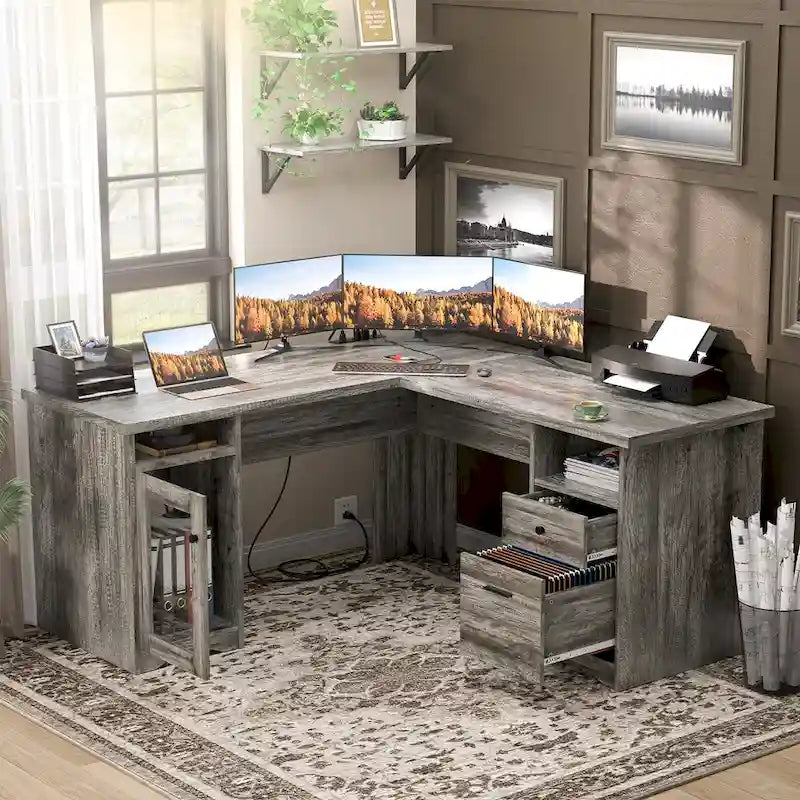 Modern Farmhouse L-Shape Desk with File Cabinet and Drawers, Homer Office Executive Desk with Charge Station