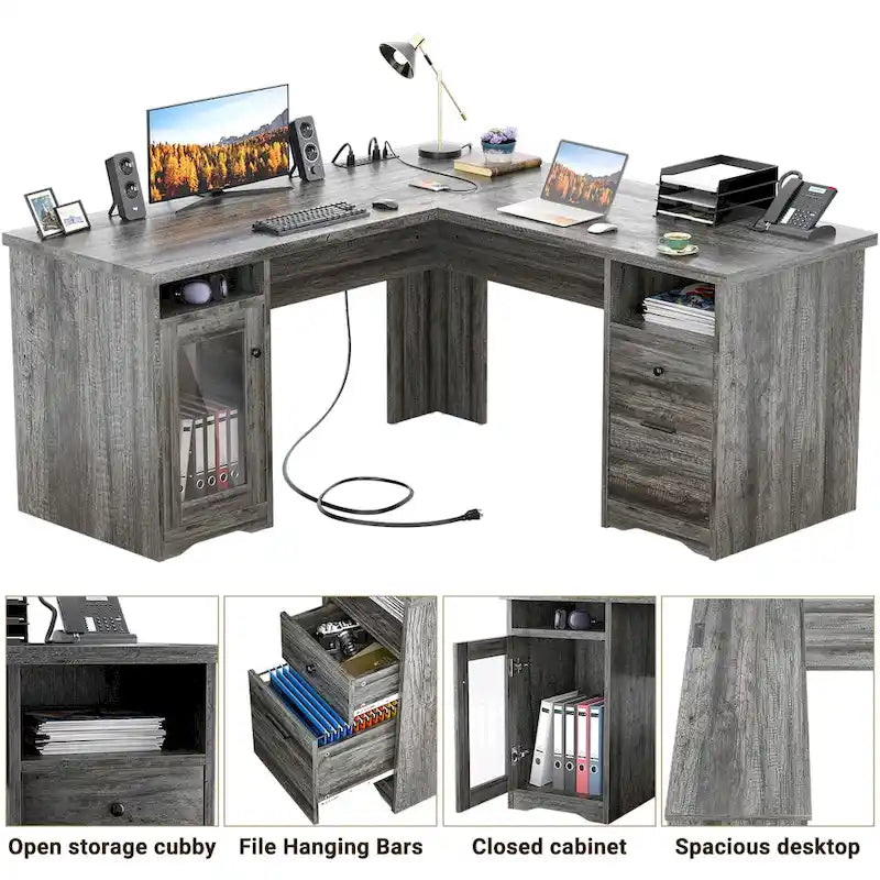 Modern Farmhouse L-Shape Desk with File Cabinet and Drawers, Homer Office Executive Desk with Charge Station