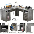 Modern Farmhouse L-Shape Desk with File Cabinet and Drawers, Homer Office Executive Desk with Charge Station