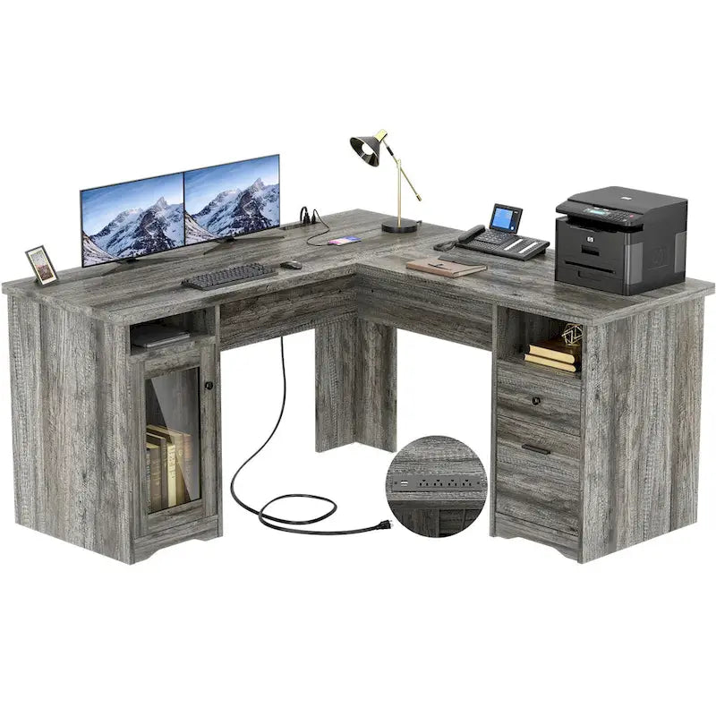 Modern Farmhouse L-Shape Desk with File Cabinet and Drawers, Homer Office Executive Desk with Charge Station