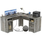 Modern Farmhouse L-Shape Desk with File Cabinet and Drawers, Homer Office Executive Desk with Charge Station