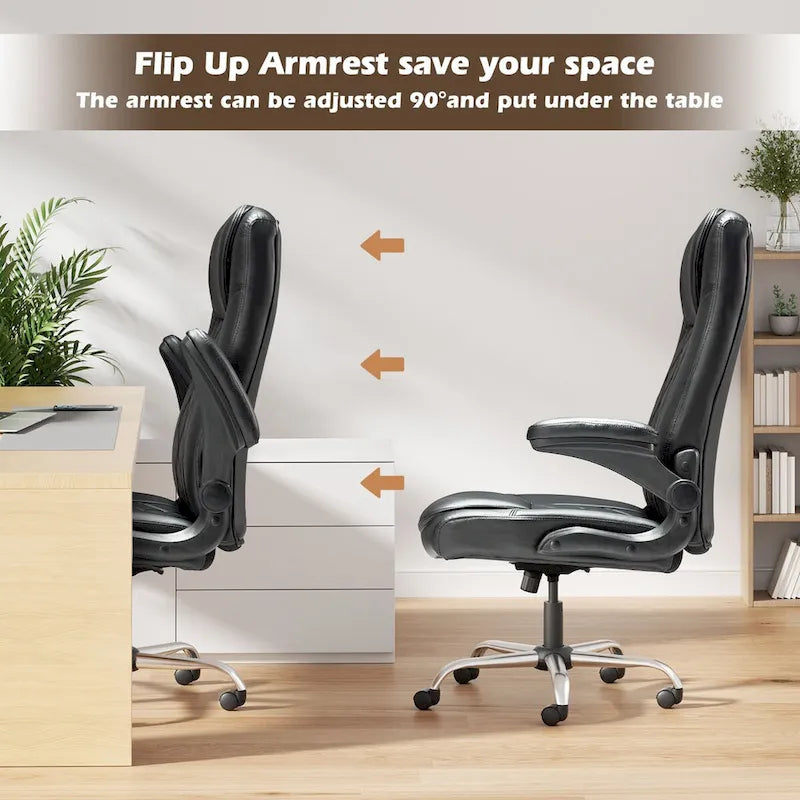 Executive PU Leather Swivel Office Chair with Flip-Up Arms Ergonomic