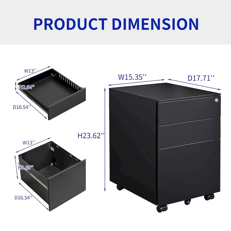 3 Drawer Mobile File Cabinet with Lock Steel File Cabinet for Legal/Letter/A4/F4 Size, Fully Assembled Include Wheels
