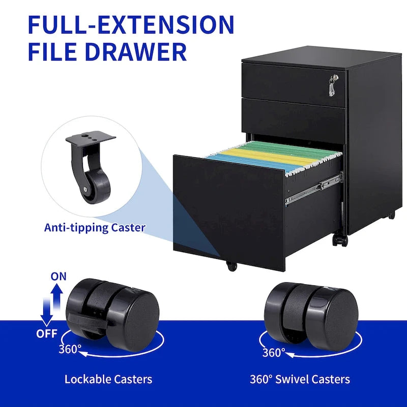 3 Drawer Mobile File Cabinet with Lock Steel File Cabinet for Legal/Letter/A4/F4 Size, Fully Assembled Include Wheels