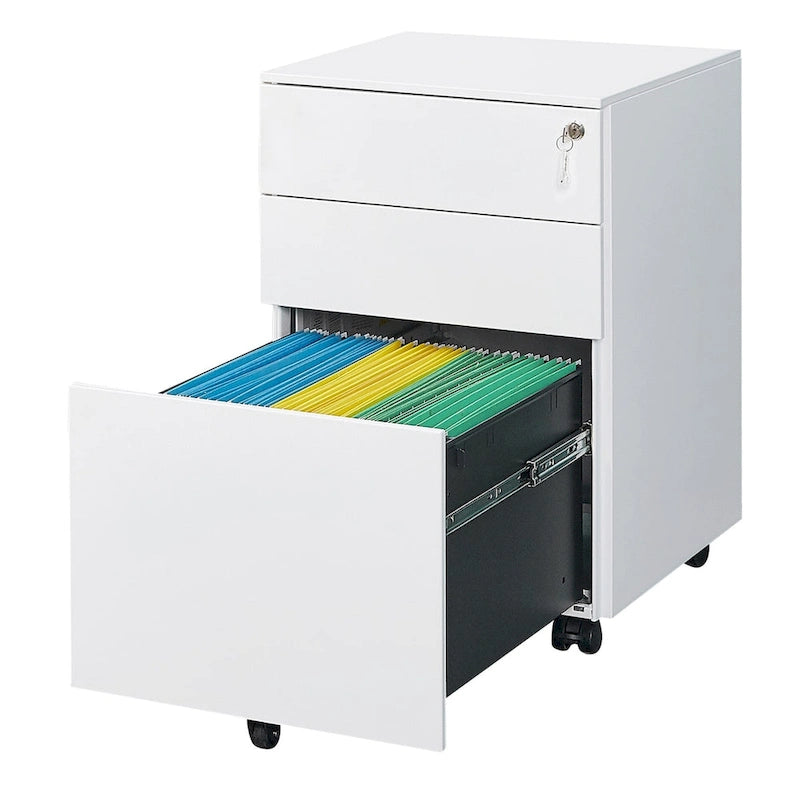 3 Drawer Mobile File Cabinet with Lock Steel File Cabinet for Legal/Letter/A4/F4 Size, Fully Assembled Include Wheels