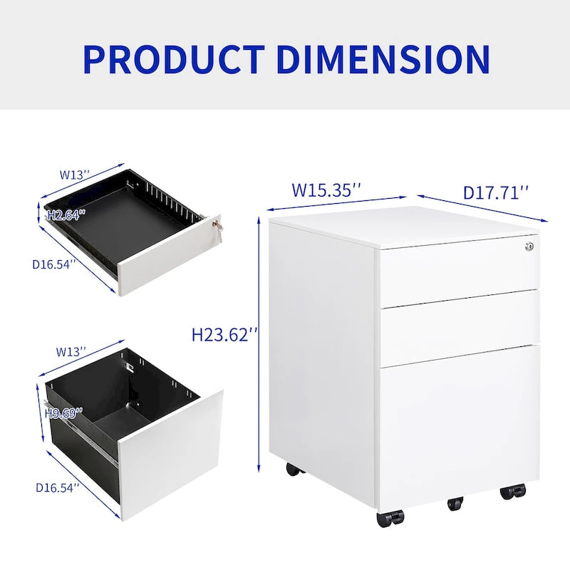 3 Drawer Mobile File Cabinet with Lock Steel File Cabinet for Legal/Letter/A4/F4 Size, Fully Assembled Include Wheels