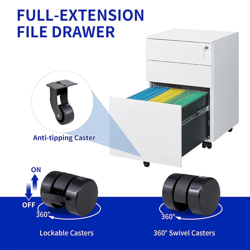 3 Drawer Mobile File Cabinet with Lock Steel File Cabinet for Legal/Letter/A4/F4 Size, Fully Assembled Include Wheels