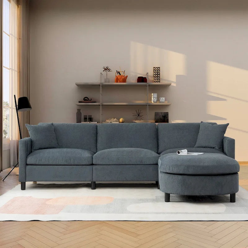 Canapé d'angle 107.87 avec pouf, coussins amovibles et pochettes sur les accoudoirs, gris foncé