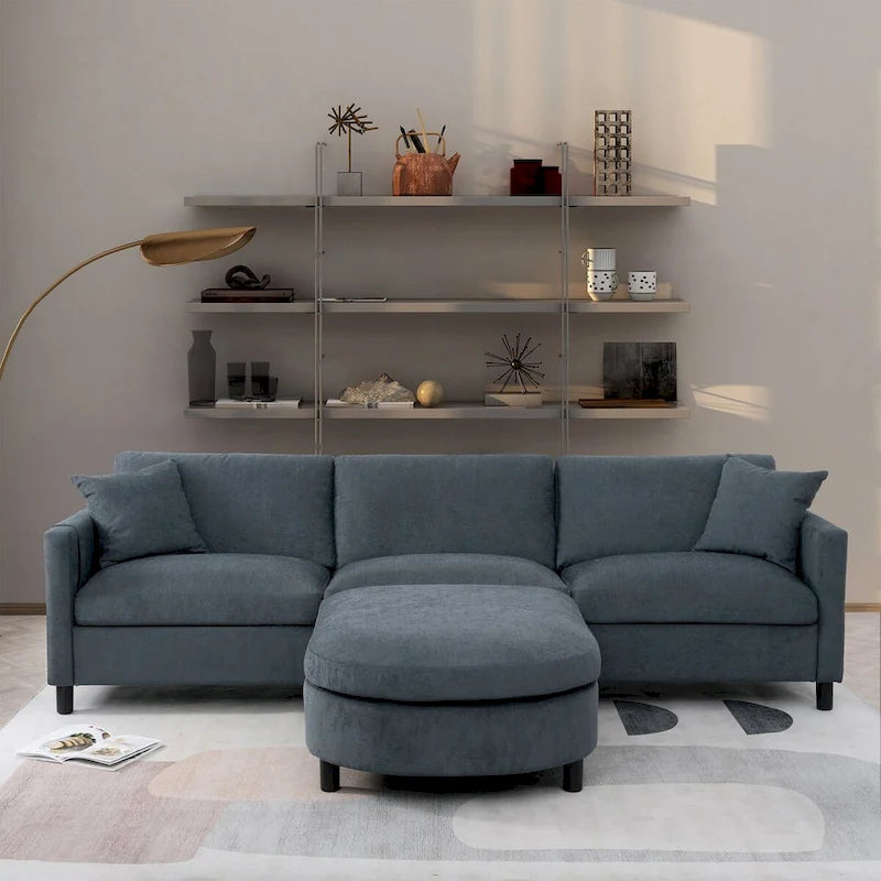 Canapé d'angle 107.87 avec pouf, coussins amovibles et pochettes sur les accoudoirs, gris foncé