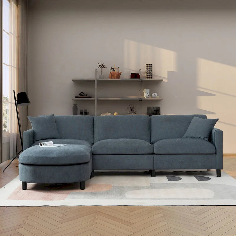 Canapé d'angle 107.87 avec pouf, coussins amovibles et pochettes sur les accoudoirs, gris foncé