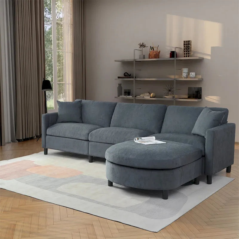 Canapé d'angle 107.87 avec pouf, coussins amovibles et pochettes sur les accoudoirs, gris foncé