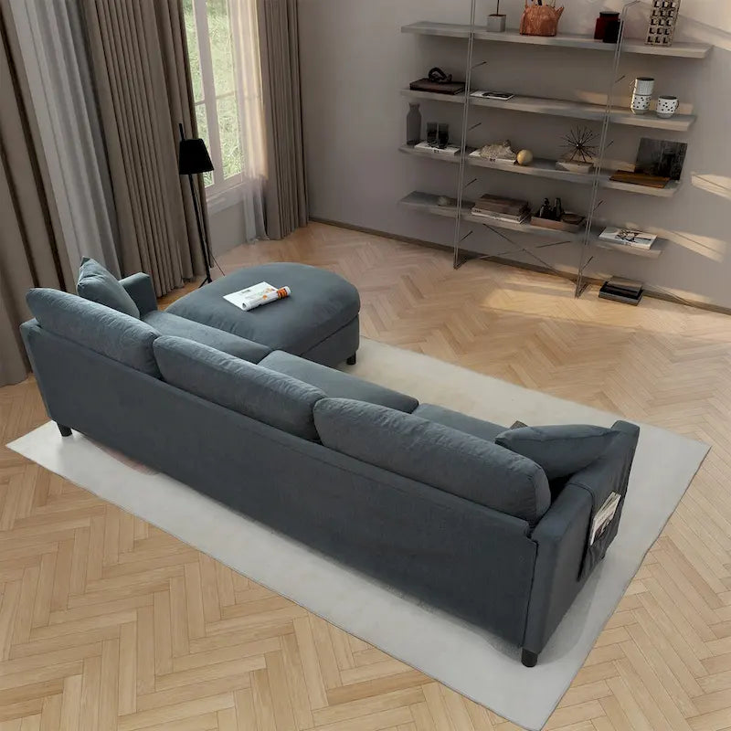 Canapé d'angle 107.87 avec pouf, coussins amovibles et pochettes sur les accoudoirs, gris foncé