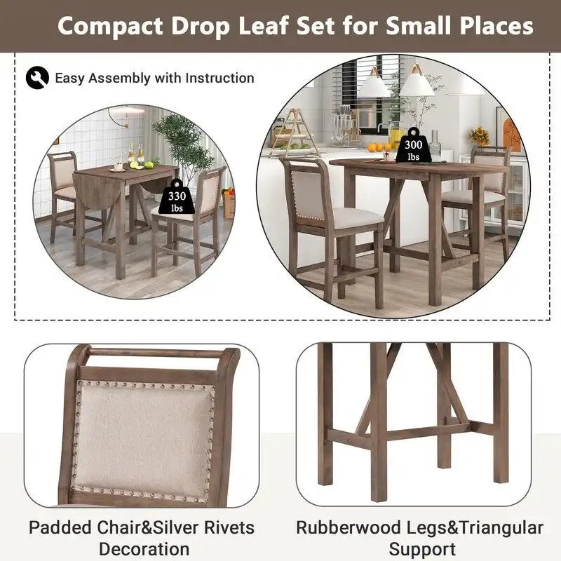 3-Piece Wood Counter Height Drop Leaf Dining Table Set with 2 Dining Chairs