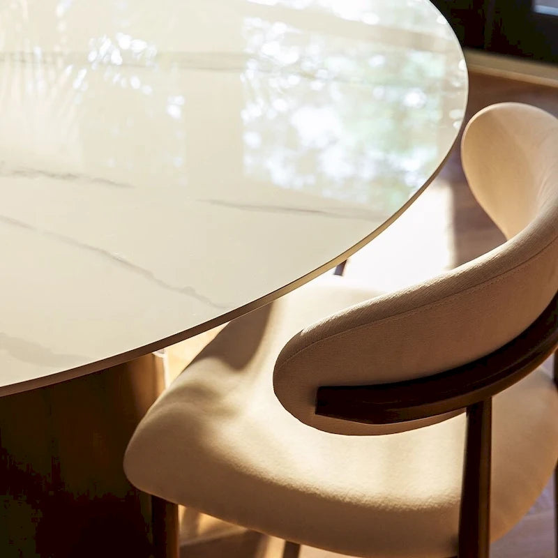 Modern Round Dining Table for DiningroomWhite Glossy Stone Tabletop,Bronze Carbon Pedestal
