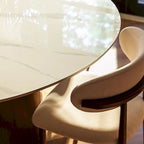 Modern Round Dining Table for DiningroomWhite Glossy Stone Tabletop,Bronze Carbon Pedestal