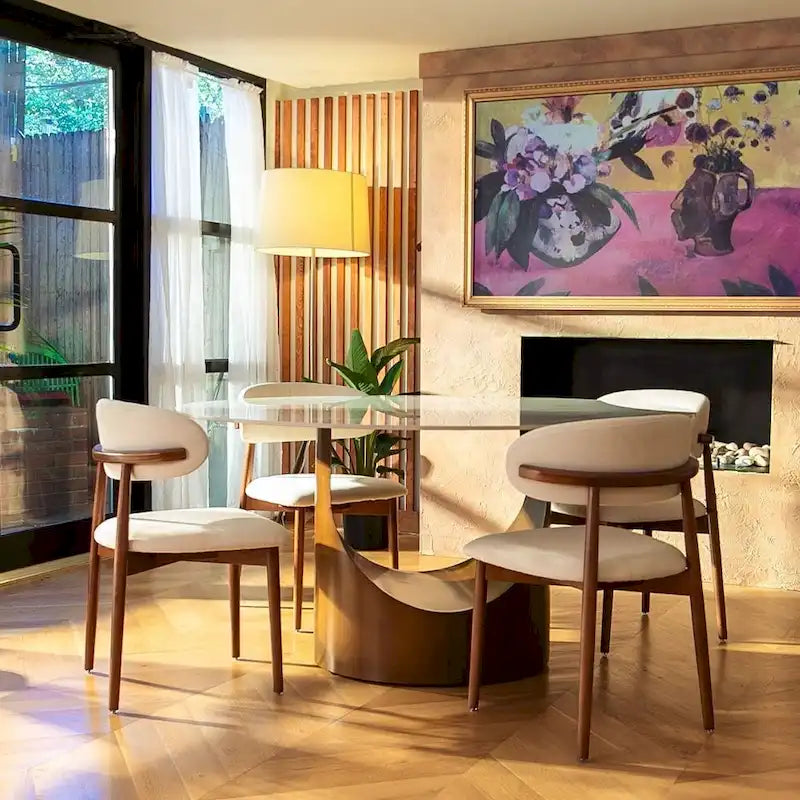 Modern Round Dining Table for DiningroomWhite Glossy Stone Tabletop,Bronze Carbon Pedestal