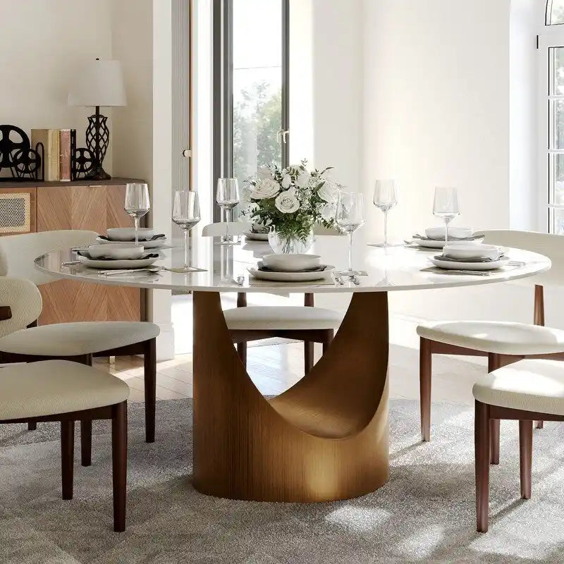 Modern Round Dining Table for DiningroomWhite Glossy Stone Tabletop,Bronze Carbon Pedestal