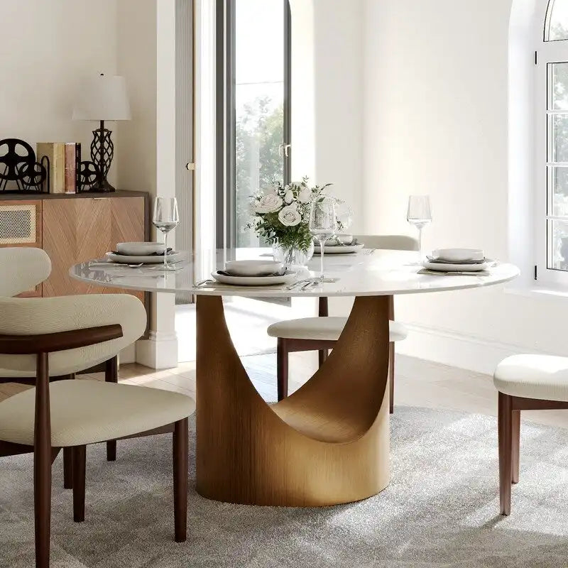 Modern Round Dining Table for DiningroomWhite Glossy Stone Tabletop,Bronze Carbon Pedestal