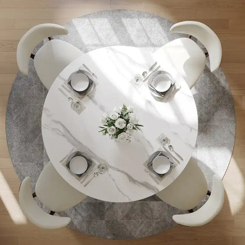 Modern Round Dining Table for DiningroomWhite Glossy Stone Tabletop,Bronze Carbon Pedestal