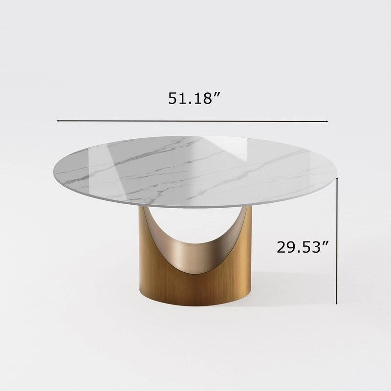Modern Round Dining Table for DiningroomWhite Glossy Stone Tabletop,Bronze Carbon Pedestal