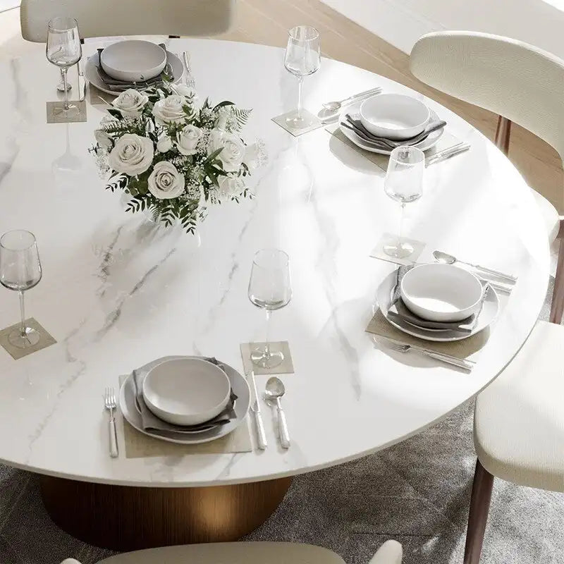 Modern Round Dining Table for DiningroomWhite Glossy Stone Tabletop,Bronze Carbon Pedestal