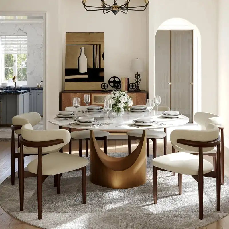 Modern Round Dining Table for DiningroomWhite Glossy Stone Tabletop,Bronze Carbon Pedestal