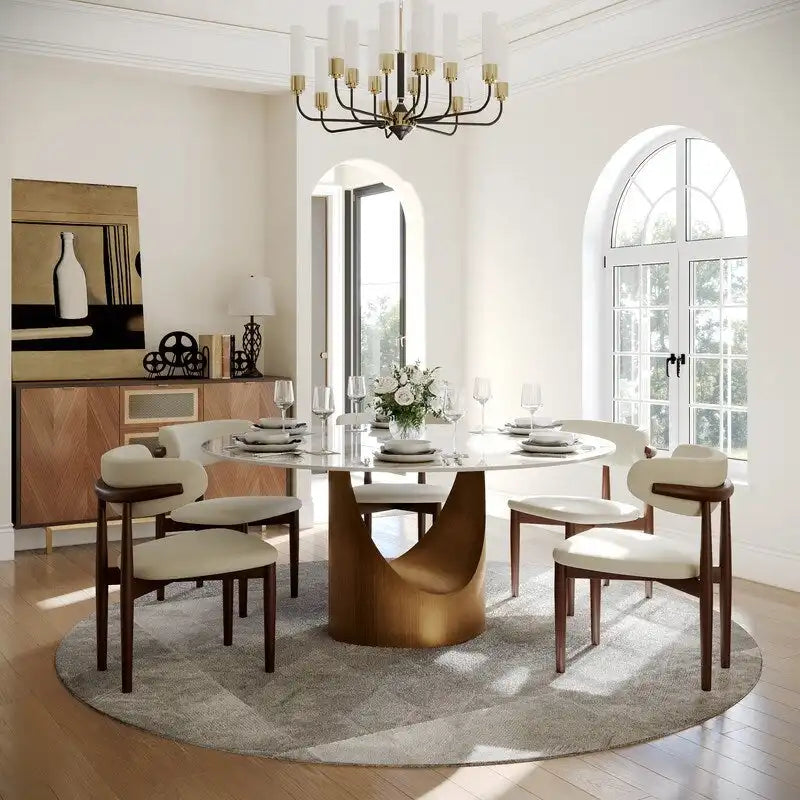 Modern Round Dining Table for DiningroomWhite Glossy Stone Tabletop,Bronze Carbon Pedestal