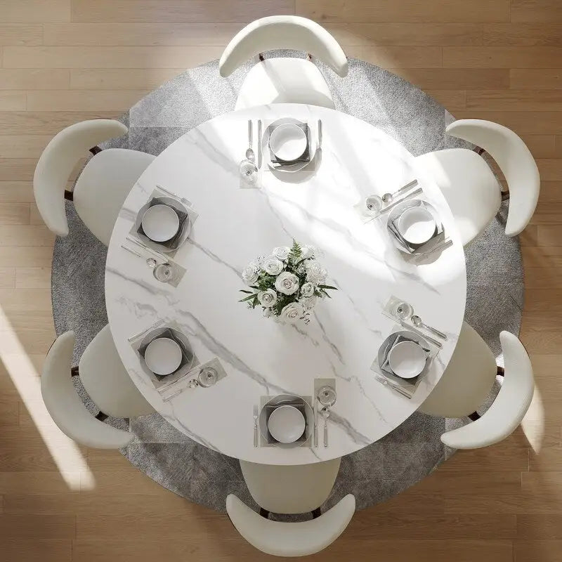 Modern Round Dining Table for DiningroomWhite Glossy Stone Tabletop,Bronze Carbon Pedestal