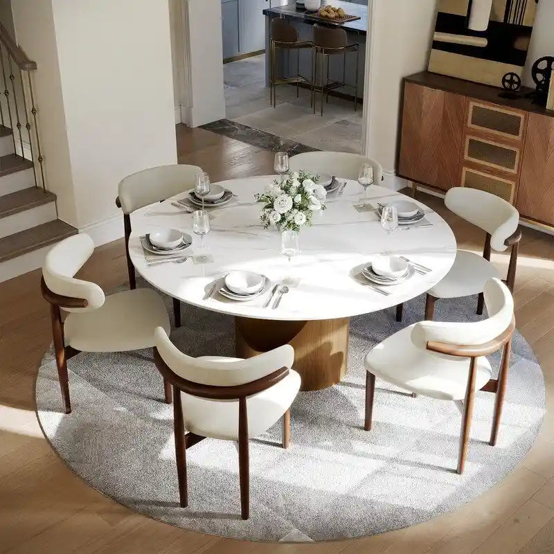 Modern Round Dining Table for DiningroomWhite Glossy Stone Tabletop,Bronze Carbon Pedestal