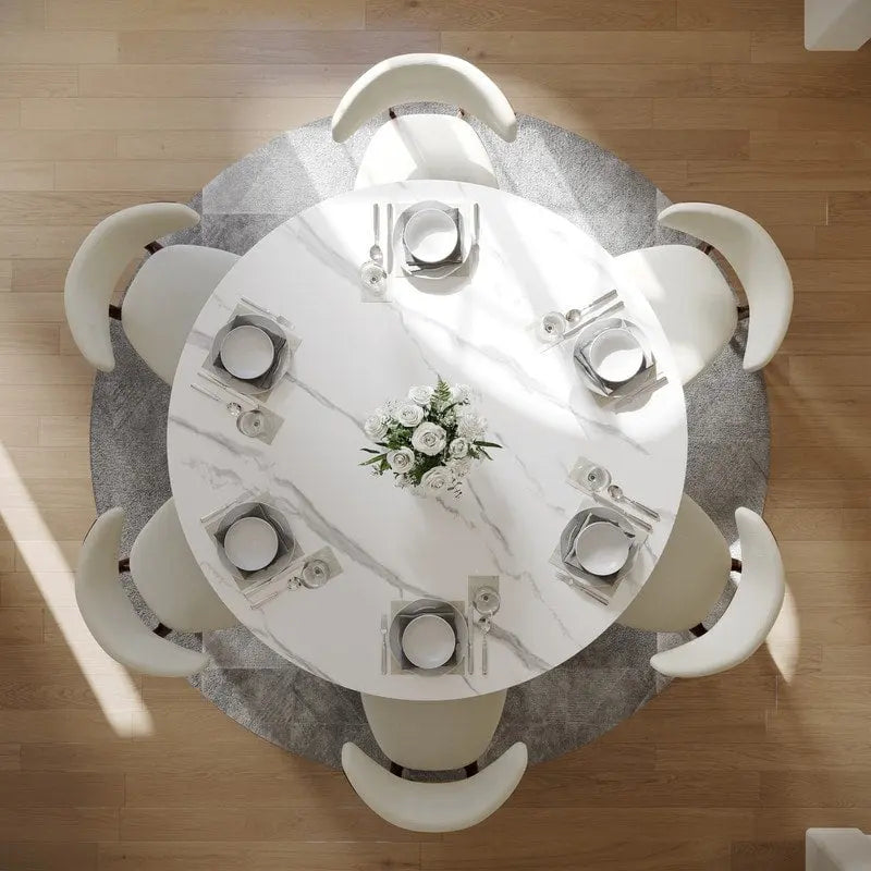 Modern Round Dining Table for DiningroomWhite Glossy Stone Tabletop,Bronze Carbon Pedestal