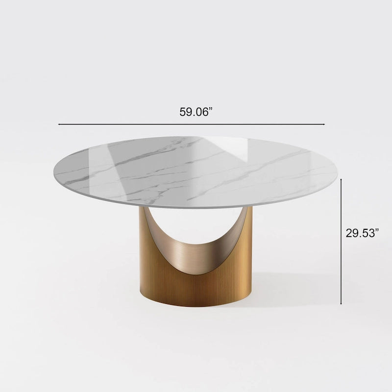 Modern Round Dining Table for DiningroomWhite Glossy Stone Tabletop,Bronze Carbon Pedestal
