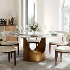 Modern Round Dining Table for DiningroomWhite Glossy Stone Tabletop,Bronze Carbon Pedestal
