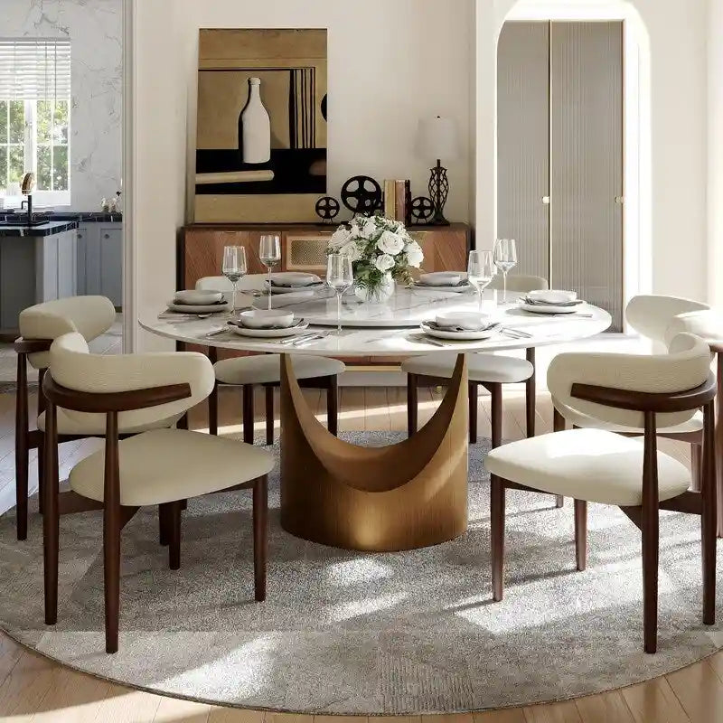 Modern Round Dining Table for DiningroomWhite Glossy Stone Tabletop,Bronze Carbon Pedestal