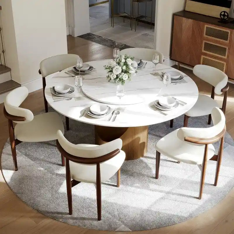 Modern Round Dining Table for DiningroomWhite Glossy Stone Tabletop,Bronze Carbon Pedestal