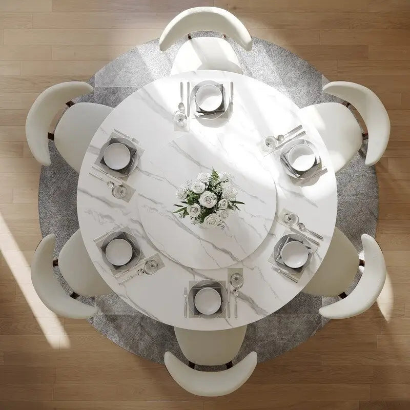 Modern Round Dining Table for DiningroomWhite Glossy Stone Tabletop,Bronze Carbon Pedestal