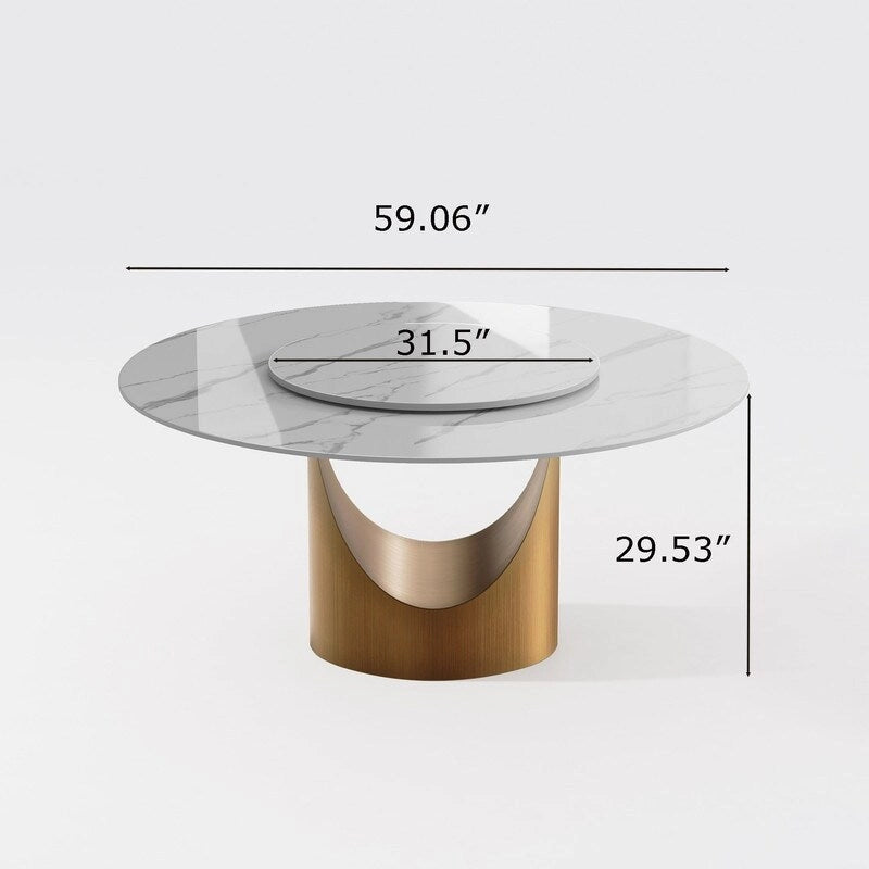Modern Round Dining Table for DiningroomWhite Glossy Stone Tabletop,Bronze Carbon Pedestal