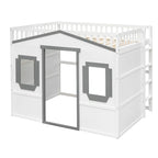 White+Gray Elegant Pine Wood Full Size Loft Bed with Ladder, Solid Construction